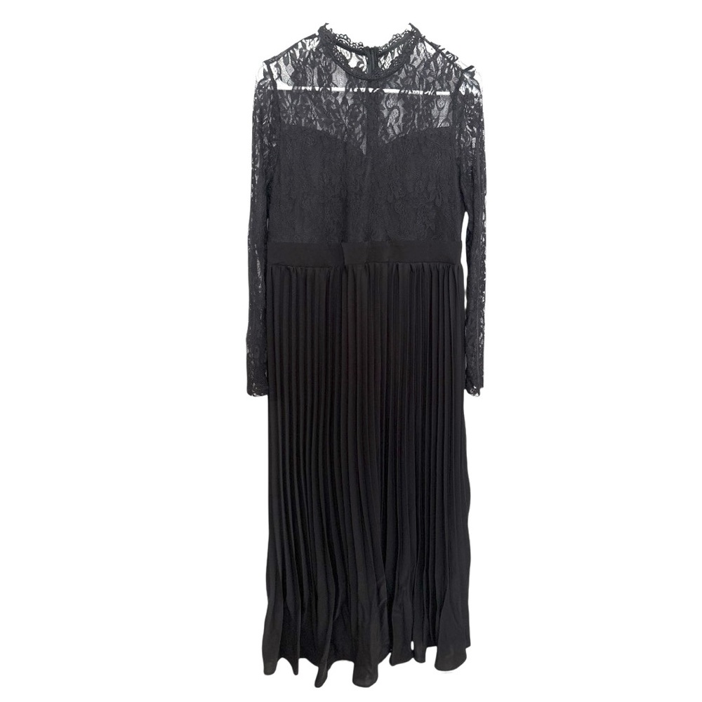 SHEIN Black Lace Pleated Long Sleeve Maxi Dress-High Neck Elegant Gothic Inspire